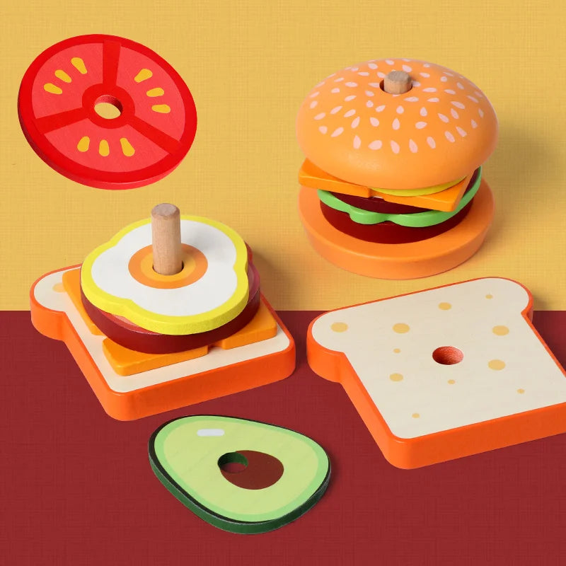 Wooden Burger Sandwich Stacking Toys